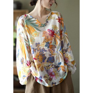 Handmade Apricot V Neck Casual Floral Fall Blouse Long sleeve