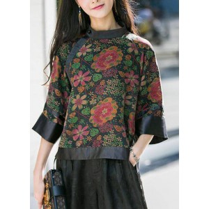 Modern black Stand Collar button print Patchwork Silk tops Spring