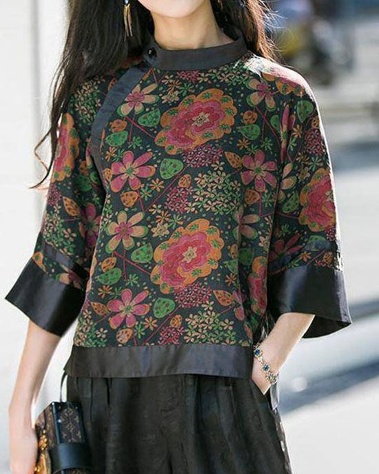 Modern black Stand Collar button print Patchwork Silk tops Spring Modern black Stand Collar button print Patchwork Silk tops Spring