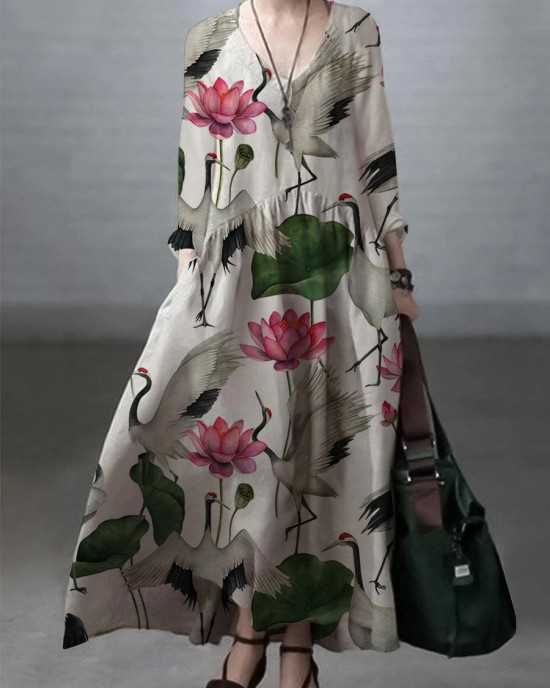 Simple and Loose V-neck Cotton and Linen Dress Simple and Loose V-neck Cotton and Linen Dress