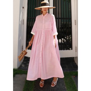 Bohemian Pink Peter Pan Collar Striped Button Pockets Wrinkled Long Dresses Half Sleeve