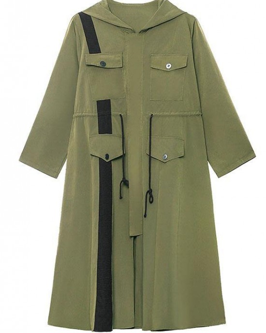 Chic Army Green Pockets Patchwork Button Zippered Fall Tie Waist Hooded Coat Long Sleeve Chic Army Green Pockets Patchwork Button Zippered Fall Tie Waist Hooded Coat Long Sleeve