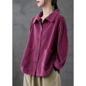 Purple Loose Pockets Shirt Top Long Sleeve Corduroy Coat