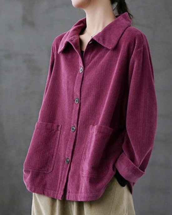 Purple Loose Pockets Shirt Top Long Sleeve Corduroy Coat Purple Loose Pockets Shirt Top Long Sleeve Corduroy Coat