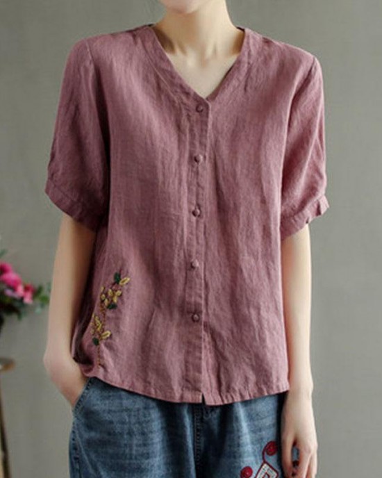 Loose Pink V Neck Embroideried Floral Summer Linen Shirt Loose Pink V Neck Embroideried Floral Summer Linen Shirt