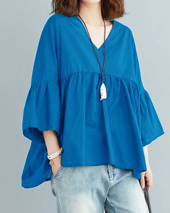 Black V Neck Patchwork Asymmetrical Design Fall Top Three Quarter sleeve Black V Neck Patchwork Asymmetrical Design Fall Top Three Quarter sleeve