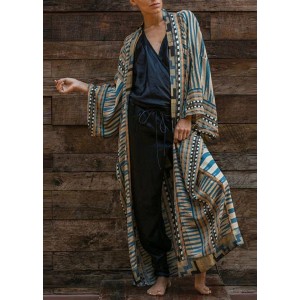 Bohemian Blue Geometric Print Long sleeve kimono robe Mid Summer Cotton