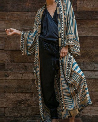Bohemian Blue Geometric Print Long sleeve kimono robe Mid Summer Cotton