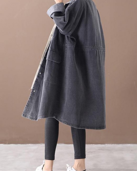 Simple stand collar drawstring Fashion tunic coat denim black Midi women coats Simple stand collar drawstring Fashion tunic coat denim black Midi women coats