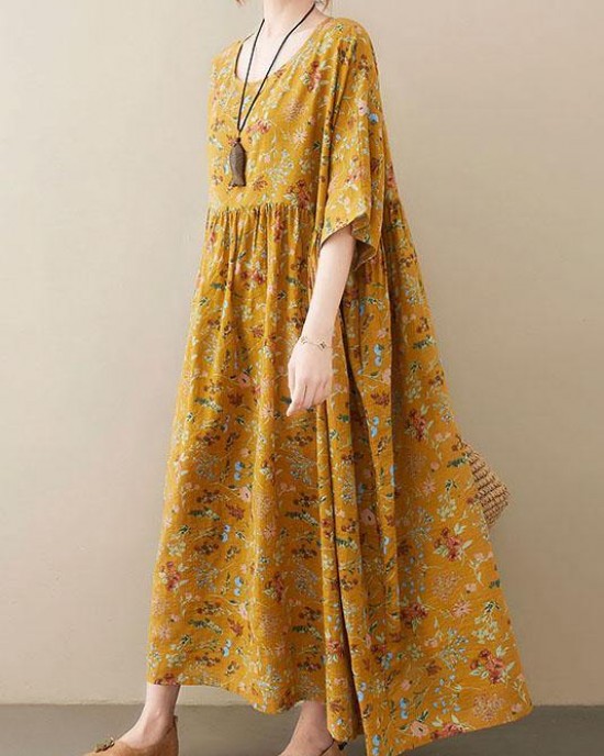 Natural light Yellow O-Neck Pockets Print Summer Sundress Natural light Yellow O-Neck Pockets Print Summer Sundress