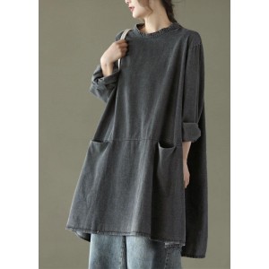Boho Black Grey O-Neck Pockets Denim Long Dresses Long Sleeve