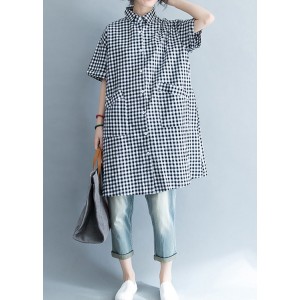 Unique black white plaid cotton linen shirts women stylish lapel pockets oversized Summer shirts