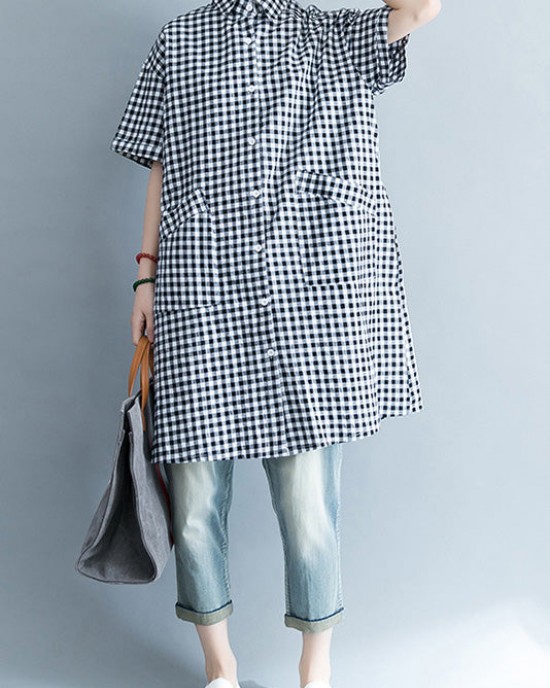 Unique black white plaid cotton linen shirts women stylish lapel pockets oversized Summer shirts Unique black white plaid cotton linen shirts women stylish lapel pockets oversized Summer shirts