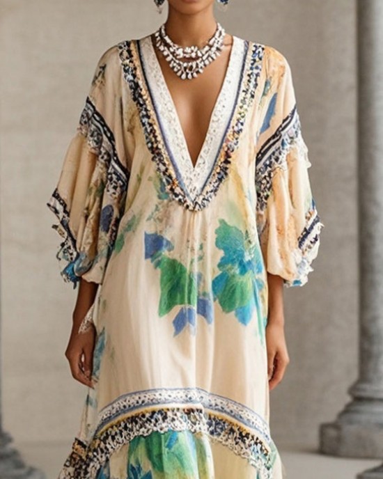 Beautiful Apricot V Neck Print Chiffon Holiday Dress Summer Beautiful Apricot V Neck Print Chiffon Holiday Dress Summer