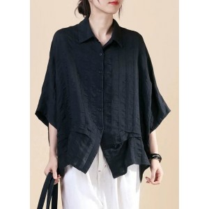 Casual Black PeterPan Collar Button Bat wing Sleeve Fall Shirt Top
