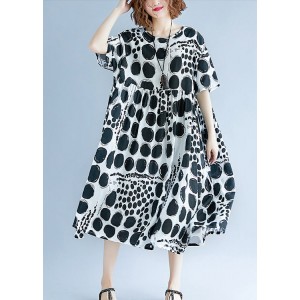 Chic o neck Extra large hem cotton linen clothes For Women Runway black dotted Art Dress Summer