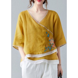 French Yellow V Neck asymmetrical design Shirt Spring