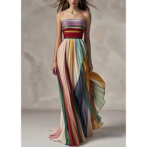 Slim Fit Striped Cold Shoulder Wrinkled Long Dress Sleeveless