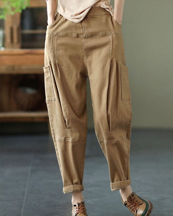 Organic Khaki Loose Pockets Harem Fall Pants Organic Khaki Loose Pockets Harem Fall Pants