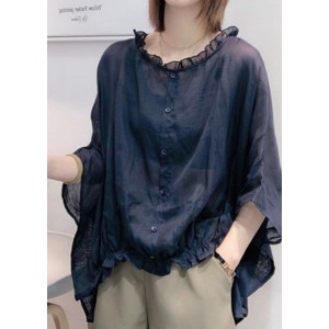 Art Navy Tops Ruffles Trim Half Sleeve Shirts Blouse Plus Size