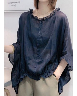 Art Navy Tops Ruffles Trim Half Sleeve Shirts Blouse Plus Size