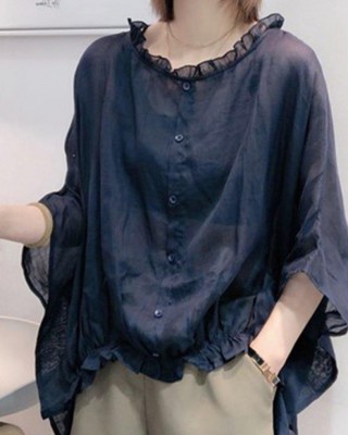 Art Navy Tops Ruffles Trim Half Sleeve Shirts Blouse Plus Size