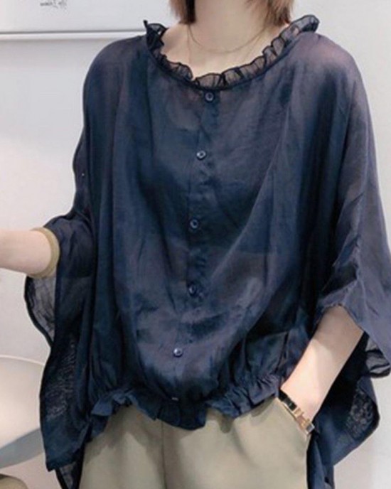 Art Navy Tops Ruffles Trim Half Sleeve Shirts Blouse Plus Size