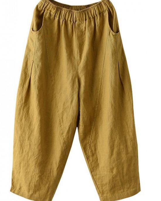 Natural Yellow Elastic Waist Summer Linen Harem Pants Natural Yellow Elastic Waist Summer Linen Harem Pants