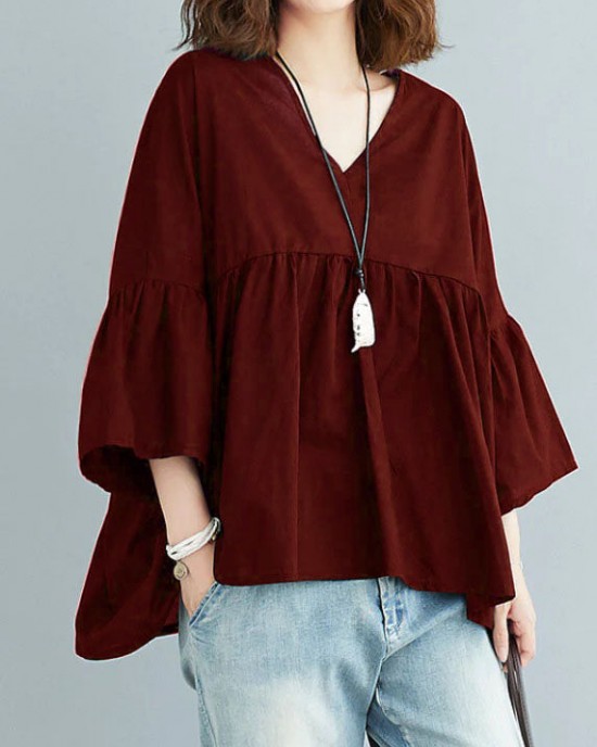Black V Neck Patchwork Asymmetrical Design Fall Top Three Quarter sleeve Black V Neck Patchwork Asymmetrical Design Fall Top Three Quarter sleeve