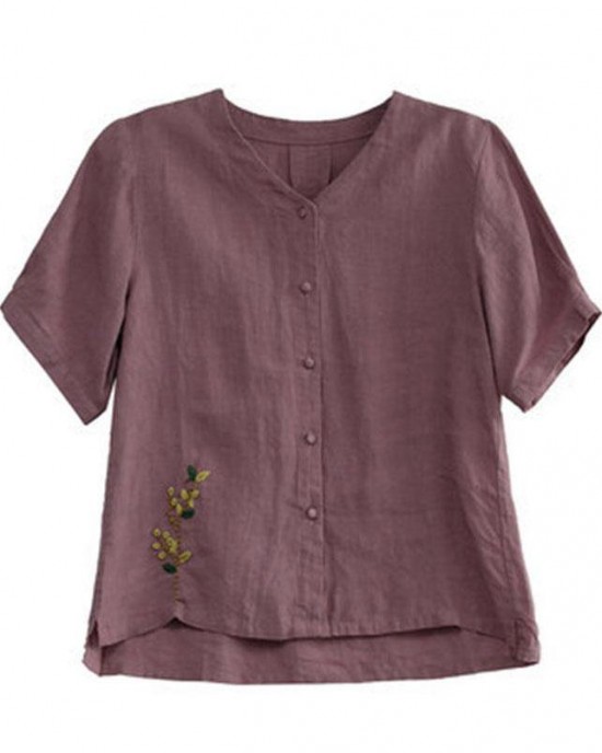 Loose Pink V Neck Embroideried Floral Summer Linen Shirt Loose Pink V Neck Embroideried Floral Summer Linen Shirt