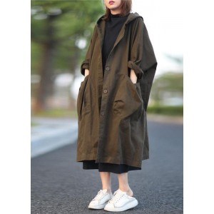 Unique Green Button Pockets Patchwork Fall Hoodies Outwear Long sleeve