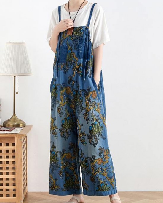 Spring original literary fashion retro ethnic style blue printed loose denim overalls Spring original literary fashion retro ethnic style blue printed loose denim overalls