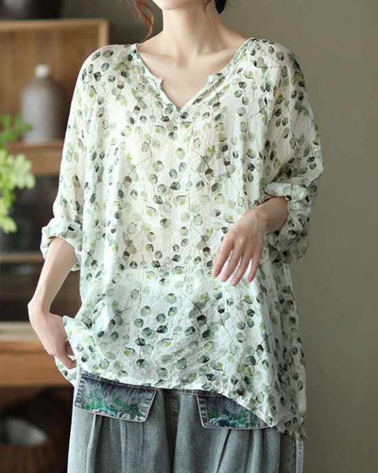 Stylish Green V Neck Print Fall Tops Long sleeve Stylish Green V Neck Print Fall Tops Long sleeve