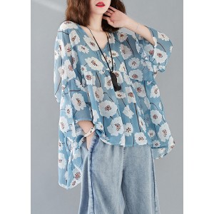 French Blue V Neck Print Patchwork Fall Half Sleeve Top