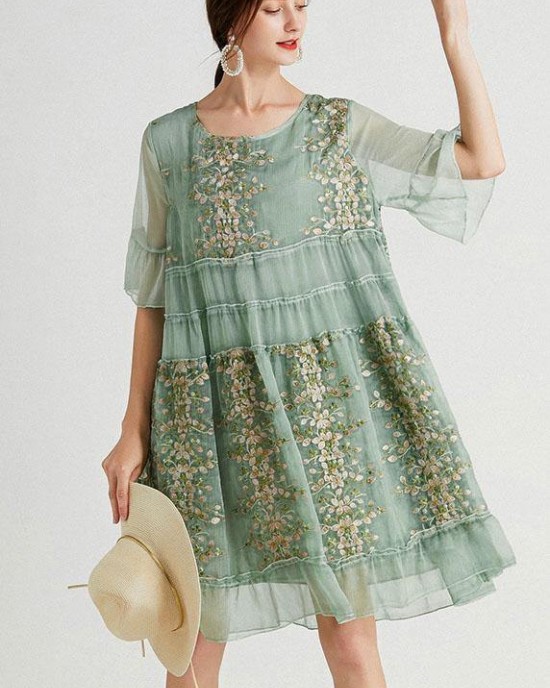 Art Green Embroideried O-Neck Loose Summer Flare Sleeve Dress Art Green Embroideried O-Neck Loose Summer Flare Sleeve Dress