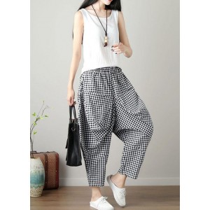 women black plaid casual cotton pants plus size big pockets crop pants