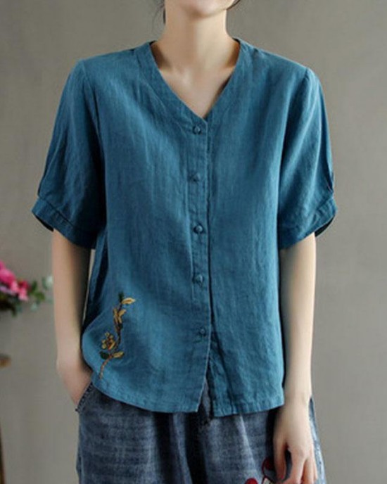 Loose Pink V Neck Embroideried Floral Summer Linen Shirt Loose Pink V Neck Embroideried Floral Summer Linen Shirt
