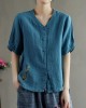 Loose Pink V Neck Embroideried Floral Summer Linen Shirt Loose Pink V Neck Embroideried Floral Summer Linen Shirt