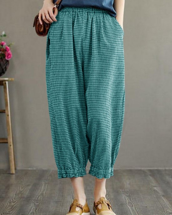 Bohemian Plaid Pockets Summer Linen Pants Bohemian Plaid Pockets Summer Linen Pants