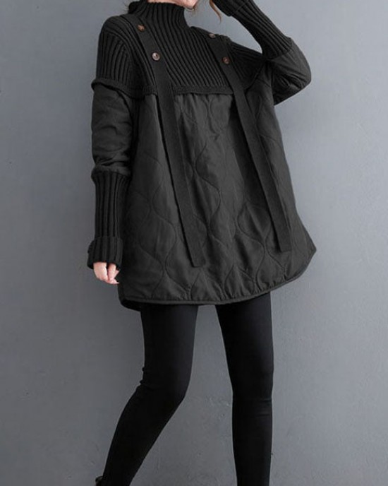 Women Black Knit Patchwork Fine Cotton Filled Sweaters Winter Women Black Knit Patchwork Fine Cotton Filled Sweaters Winter