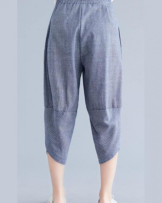 Boutique Navy Striped Patchwork Summer Cotton Linen Pants Boutique Navy Striped Patchwork Summer Cotton Linen Pants