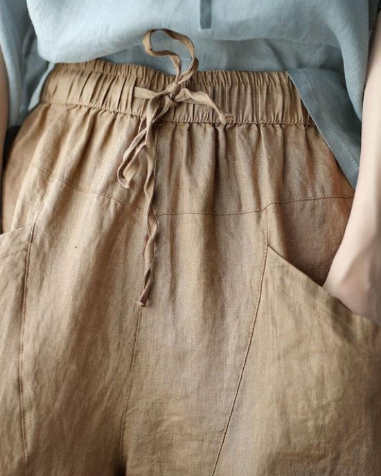 Art Khaki Tie Waist Pockets Summer Harem Pants Linen Art Khaki Tie Waist Pockets Summer Harem Pants Linen