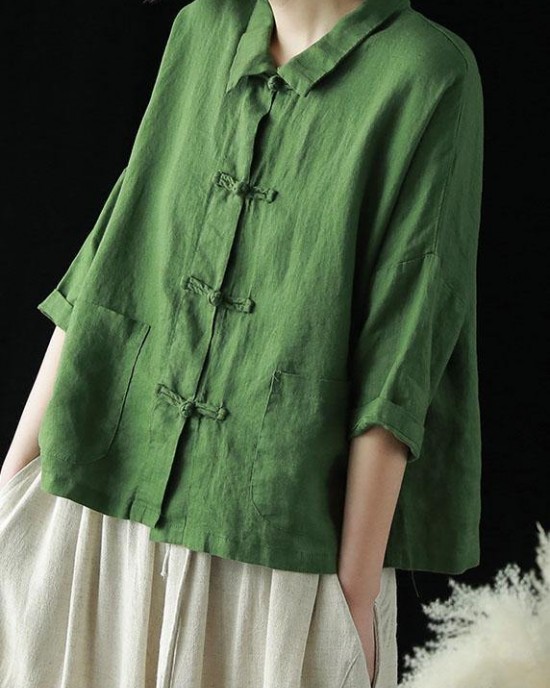 Beautiful Green Peter Pan Collar Pockets Summer Linen top Beautiful Green Peter Pan Collar Pockets Summer Linen top