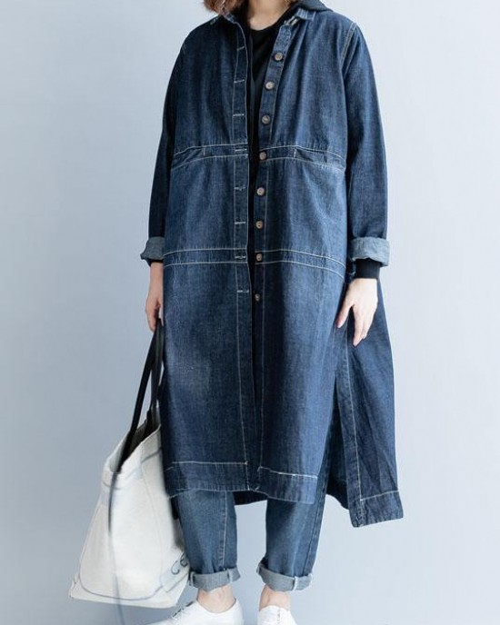 Chic side open Fine coats women denim blue loose jackets fall Chic side open Fine coats women denim blue loose jackets fall