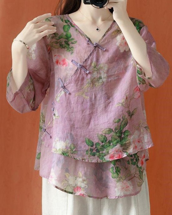 Beautiful Purple Asymmetrical Print cotton blend Blouses Half Sleeve