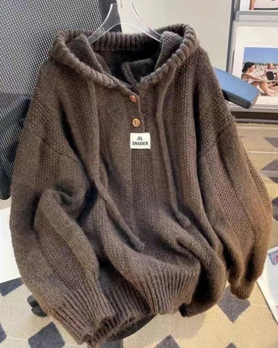 Coffee Button Lace Up Cotton Knit Tops Hooded Long Sleeve Coffee Button Lace Up Cotton Knit Tops Hooded Long Sleeve