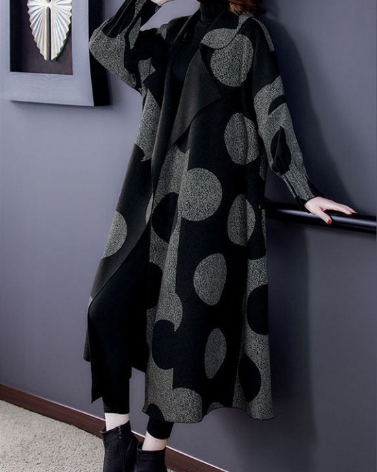 Boutique Black Patchwork Dot Print Loose Fall Long sleeve Coat Boutique Black Patchwork Dot Print Loose Fall Long sleeve Coat