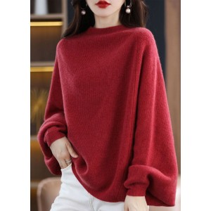 Modern Red O-Neck Oversized Wool Knit Sweater Tops Batwing Sleeve