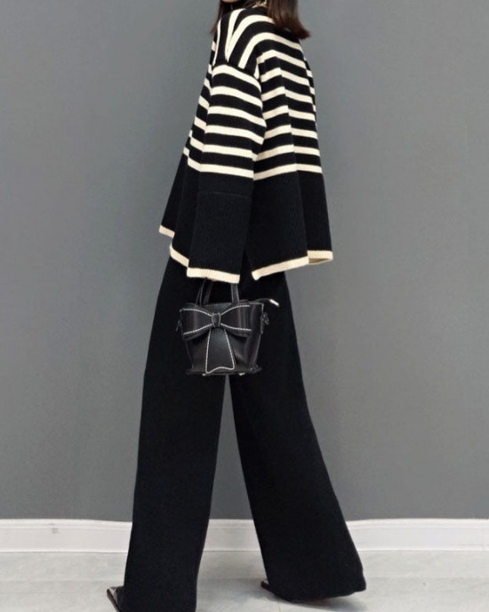 Beautiful Black Turtle Neck Striped Knit Two Piece Suit Set Spring