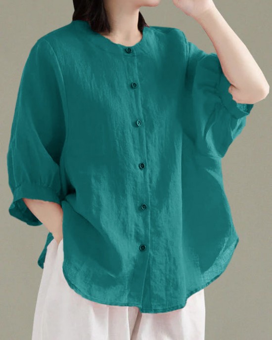 Art Red O-Neck Button Linen Loose Shirt Top Lantern Sleeve
